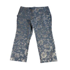 Chicos Metallic Floral Print Slim Pants 2.5P Size 14 Petite Gray & Gold Design